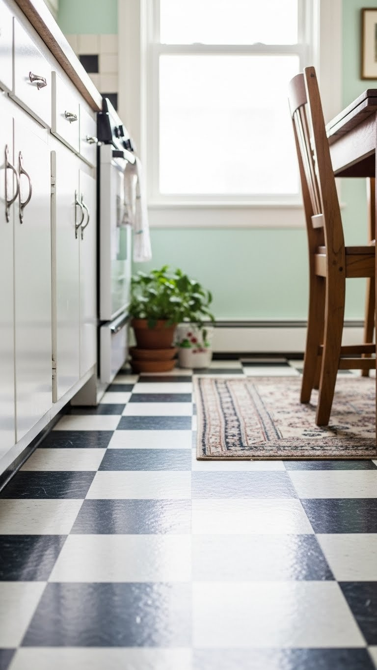 Checkerboard linoleum flooring in vintage kitchen creating dynamic black and white pattern that expands space