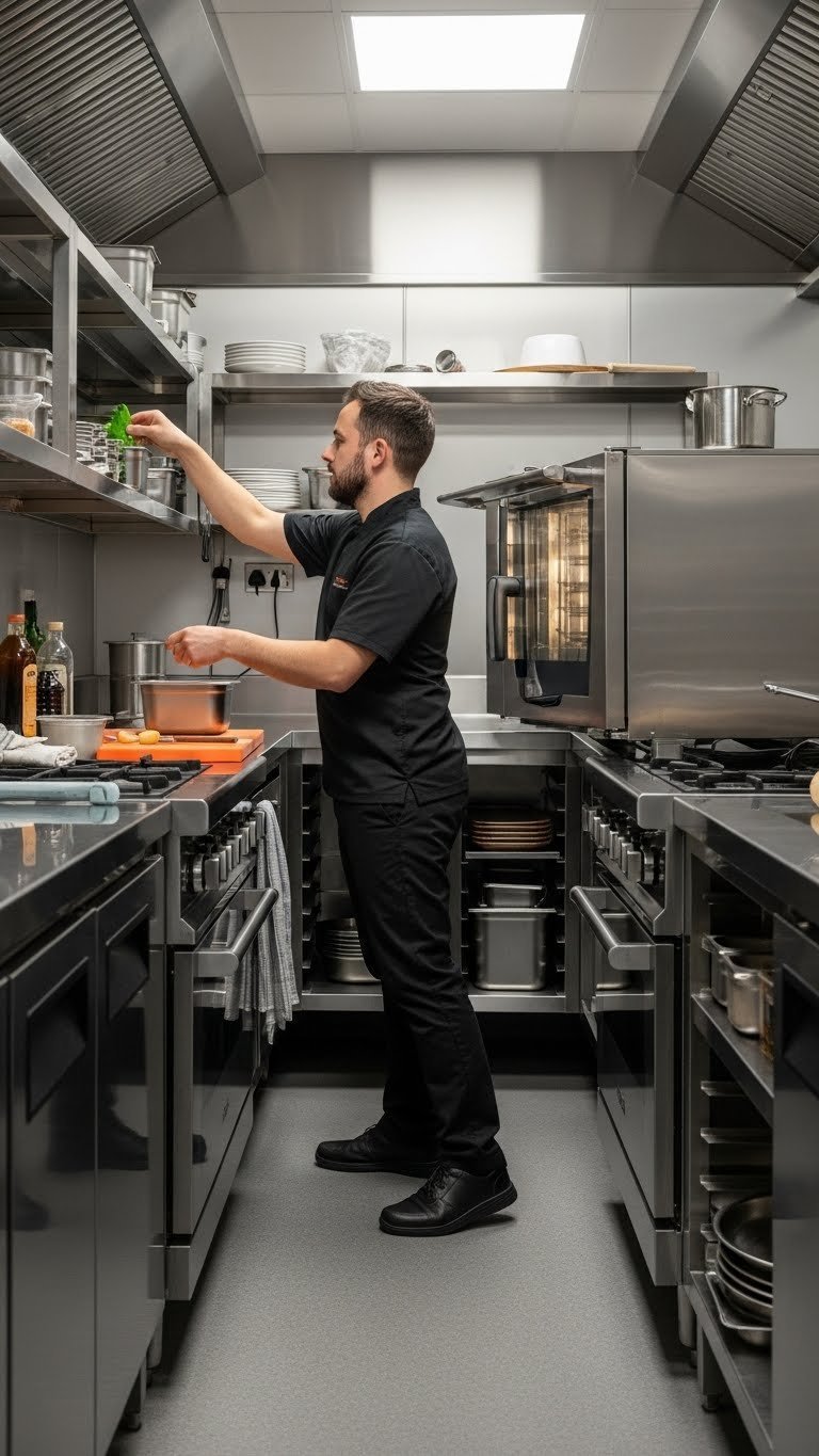 Chef efficiently managing multiple stations in compact kitchenette with ergonomic layout and streamlined workflow.