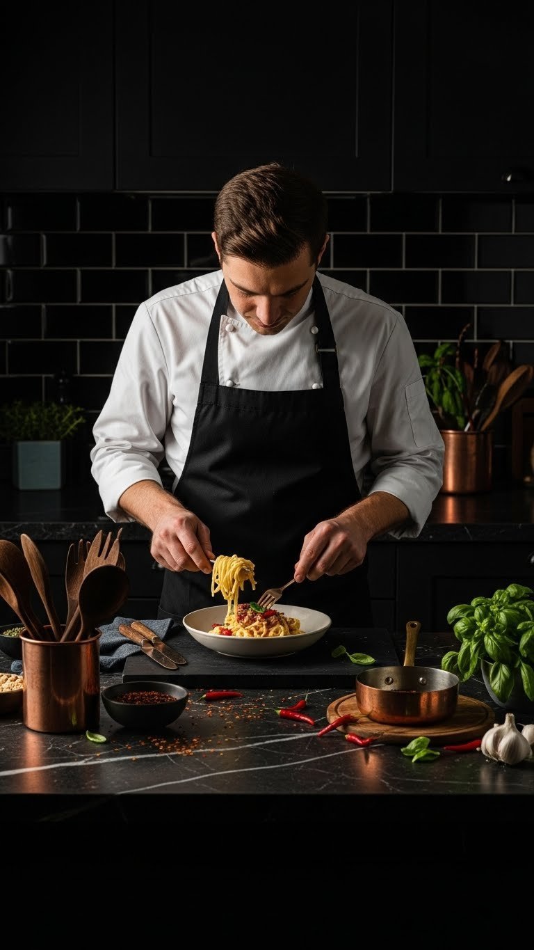 Dark Kitchen Aesthetic: 7 Ideas For Elevated Cooking 13 Chef preparing a colorful dish on a dark marble kitchen countertop with copper cookware and fresh ingredients, flat lay.