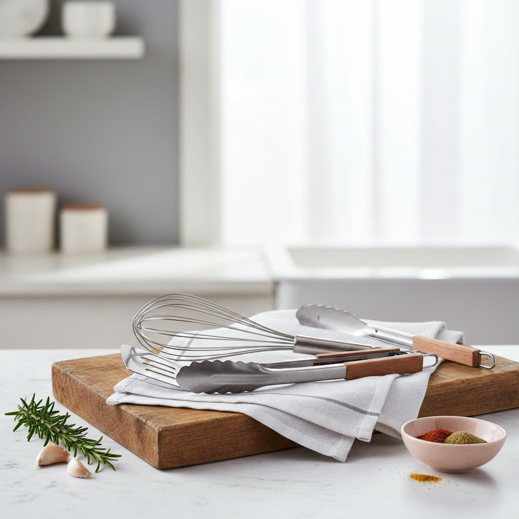 9 Kitchen Hand Towel Gift Ideas: Unique &Amp; Thoughtful 13 Chef-themed kitchen towel draped over cutting board with stainless steel utensils.