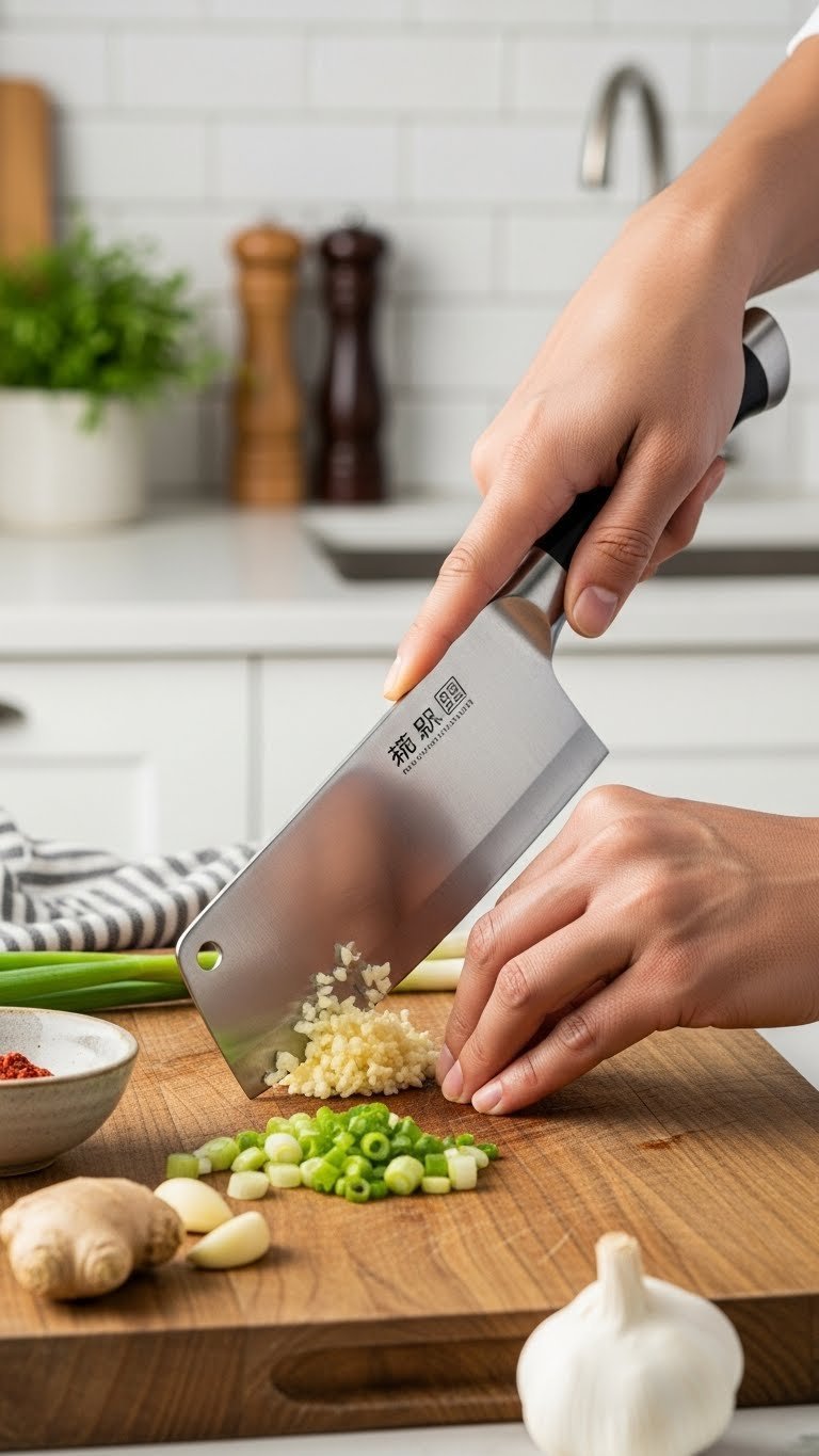 11 Essential Chinese Kitchen Gadgets: Master Authentic Cooking 5 Chef's hand gripping Chinese cleaver knife poised over minced garlic and ginger on wooden cutting board