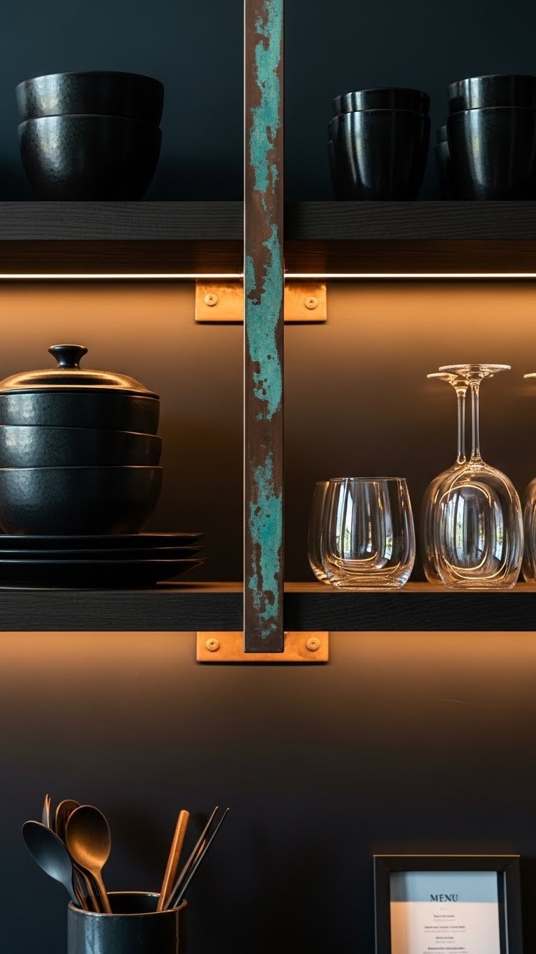 Dark Restaurant Kitchen Aesthetic: 7 Luxurious Design Ideas 10 Chic dark kitchen with open textured wood shelving, patina brass brackets, curated ceramic serving ware, and sleek glassware.
