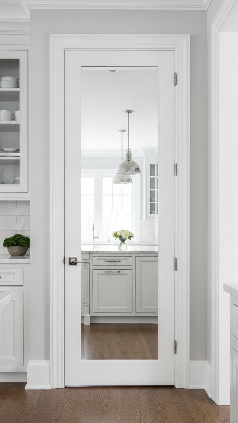 Chic kitchen featuring a mirrored pantry door, reflecting the bright space and visually expanding the room.