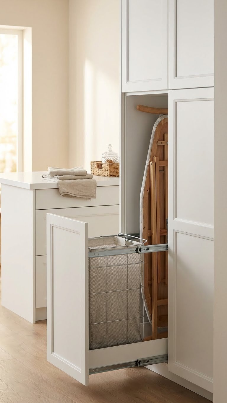 Space-Saving Kitchen Pantry Laundry Room Ideas 5 Chic kitchen pantry cabinet with partially open pull-out drawer showing organized laundry hamper system and folded towels.