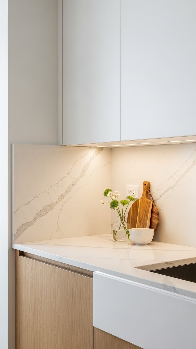 Chic small kitchen featuring subtle veined quartz countertops with delicate gray veining and modern wood cabinets.
