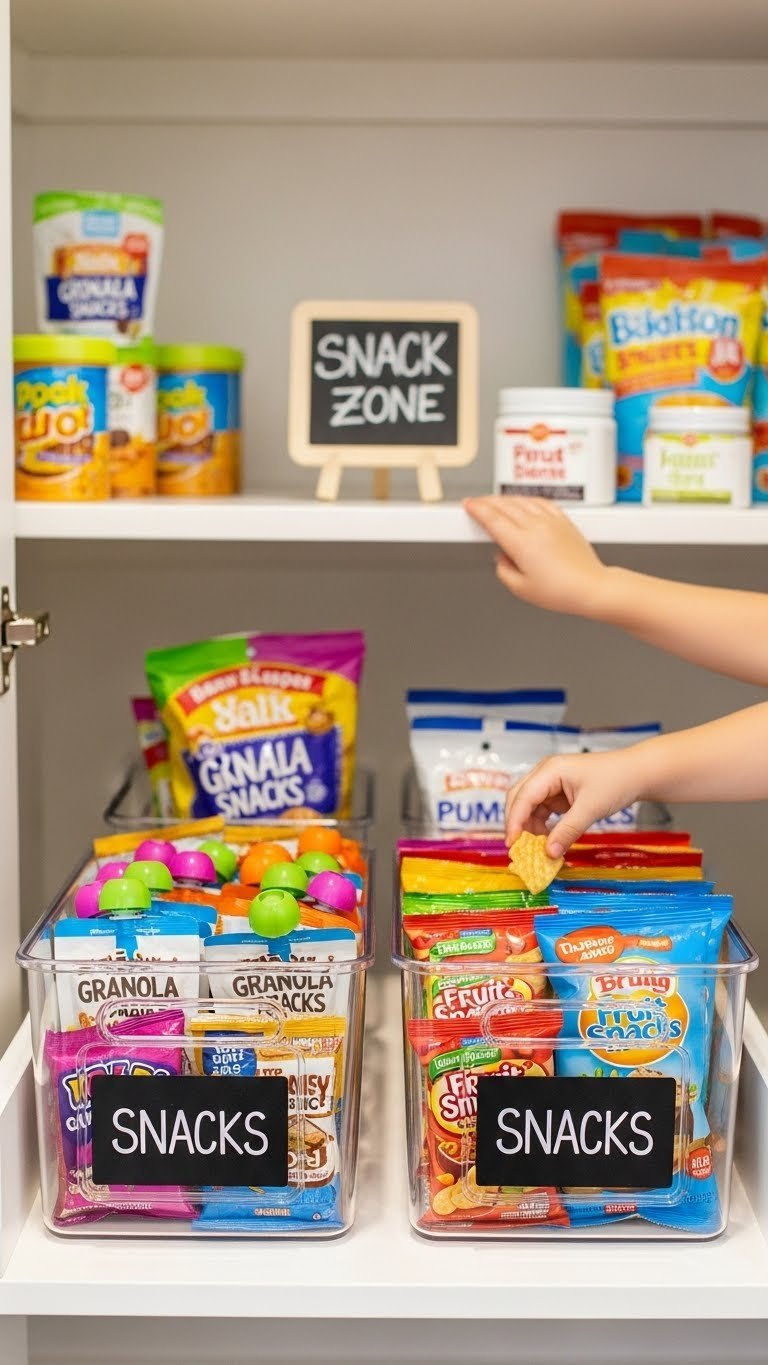 Pantry Organization: 7 Genius Ideas For Every Kitchen 11 Child-friendly snack station on a low pantry shelf with clear containers of individual snack pouches, granola bars, and fruit snacks.
