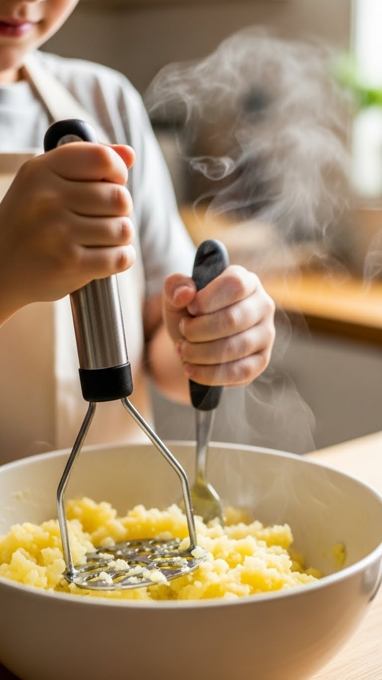 11 Essential Kitchen Gadgets For Kids To Use In 2025 19 Child's hands mashing potatoes with nylon potato masher in large steaming bowl