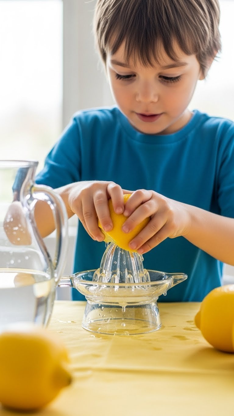 11 Essential Kitchen Gadgets For Kids To Use In 2025 13 Child's hands pressing lemon onto glass citrus reamer with juice droplets running down