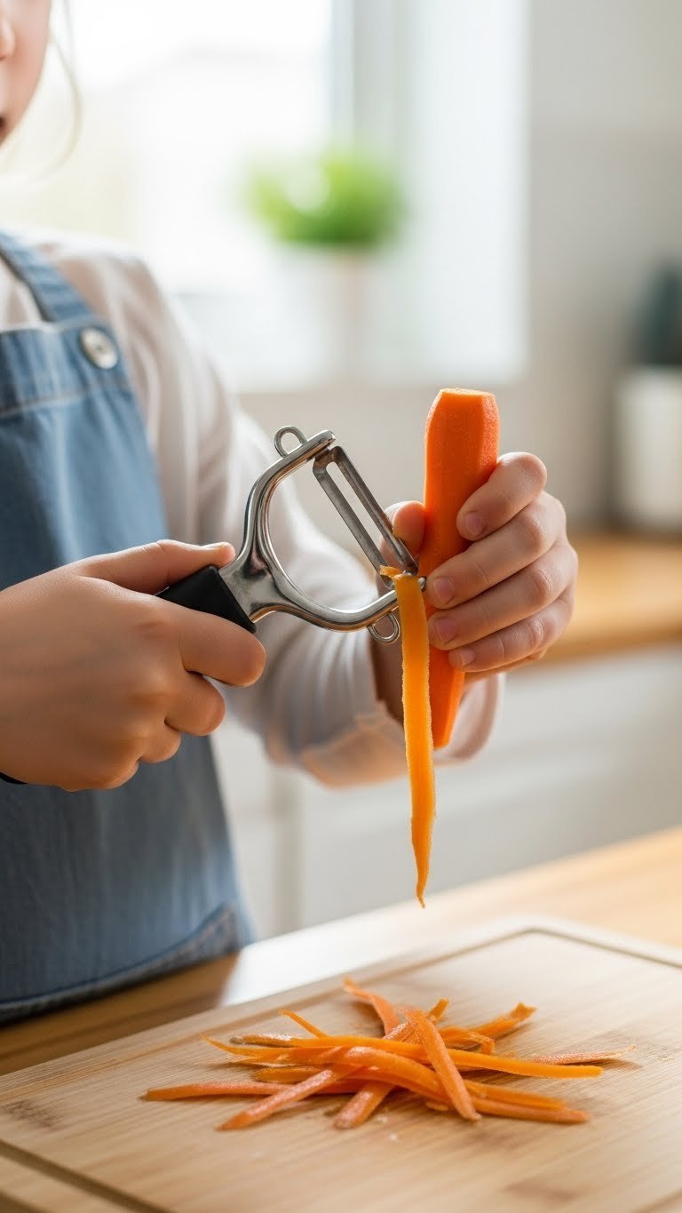 11 Essential Kitchen Gadgets For Kids To Use In 2025 11 Child's hands safely holding Y-peeler peeling carrot away from body on cutting board