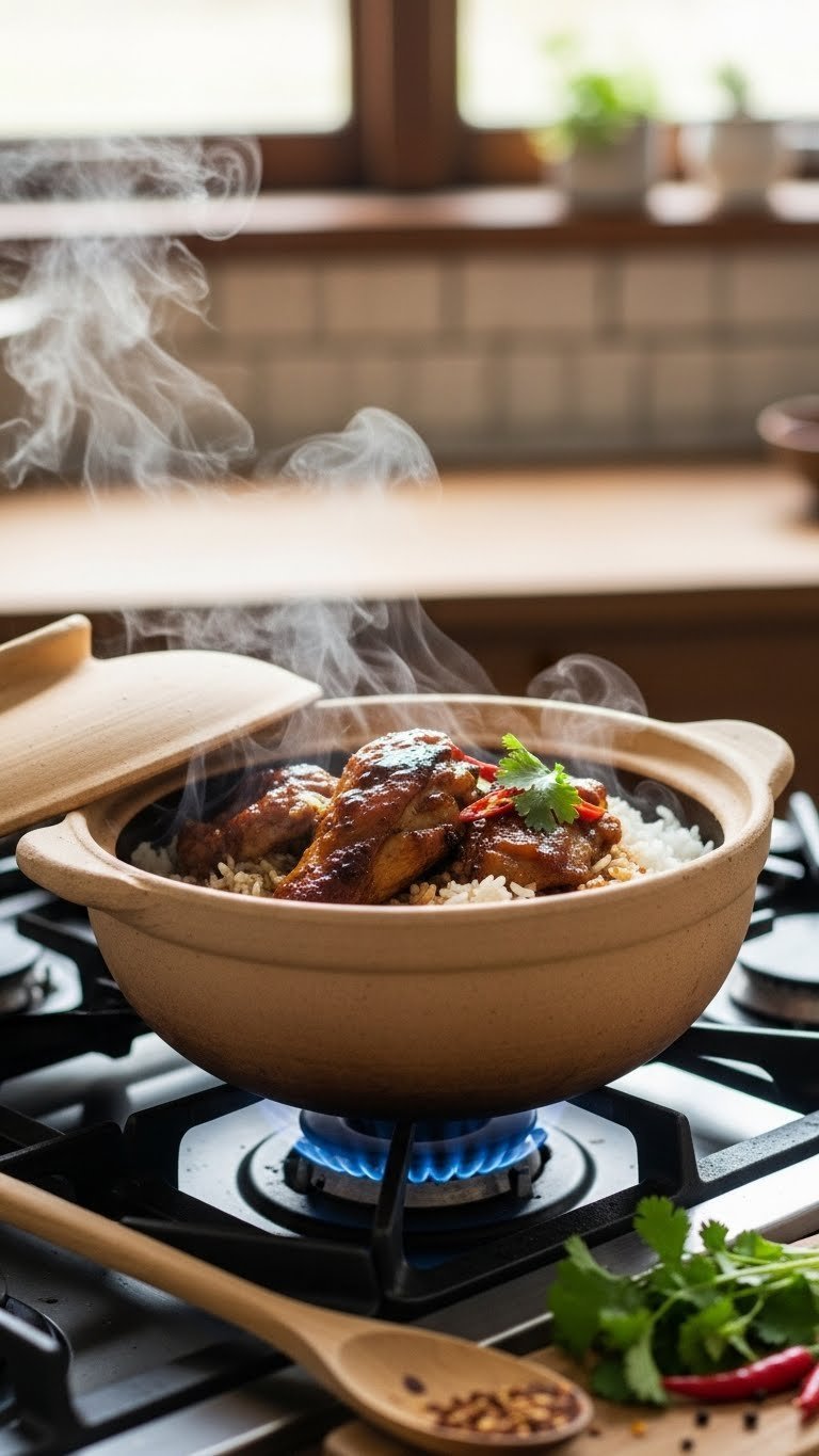 11 Essential Chinese Kitchen Gadgets: Master Authentic Cooking 21 Chinese earthenware clay pot simmering chicken and rice dish on stovetop with steam escaping lid