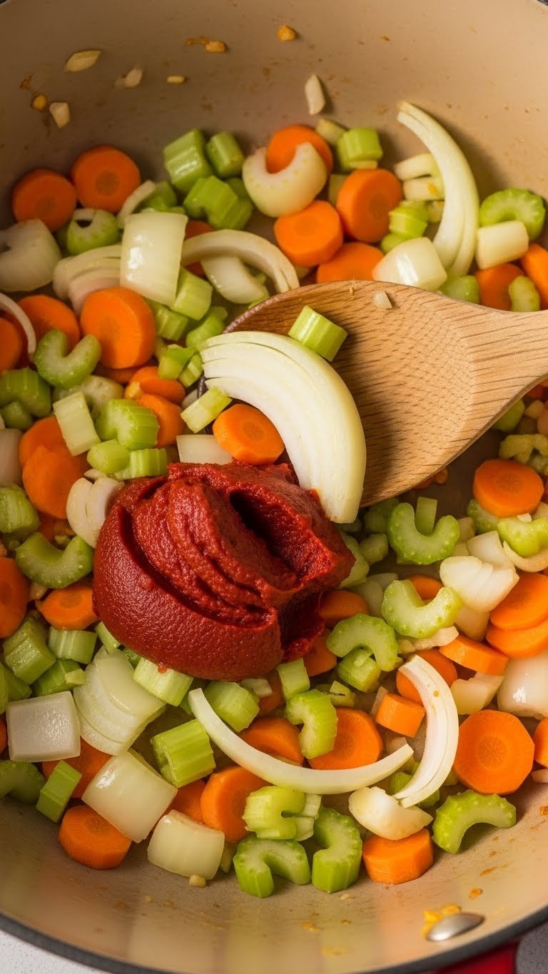 The Failproof Best Beef Stew Recipe For Cozy Dinners 5 Chopped onions carrots celery sautéed in pot with tomato paste