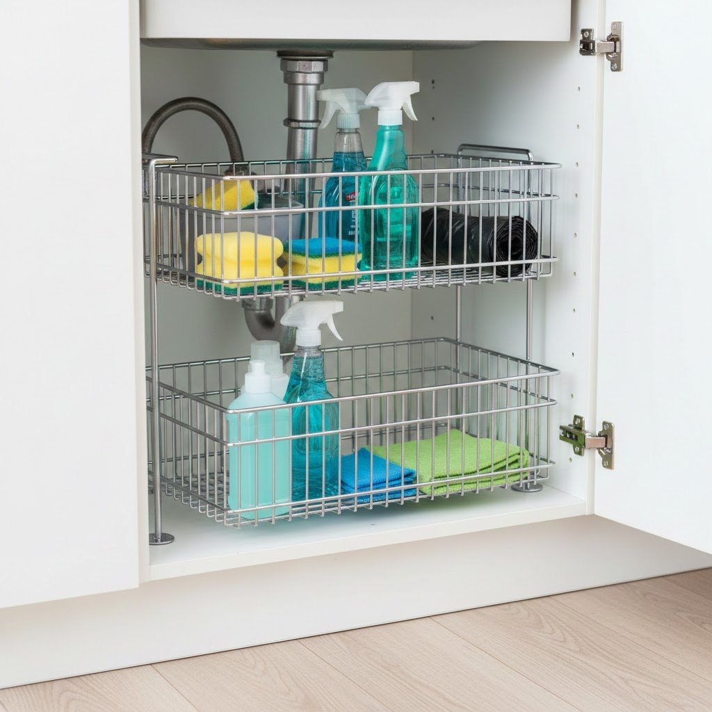 Chrome sliding pull-out baskets organizing cleaning supplies under kitchen sink cabinet
