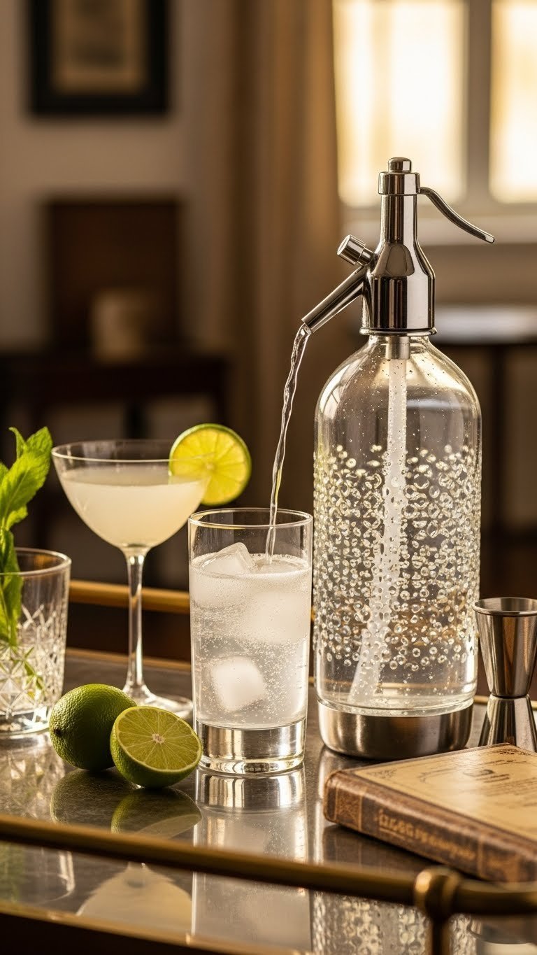 Chrome soda siphon dispensing sparkling water into cocktail glass on vintage bar cart