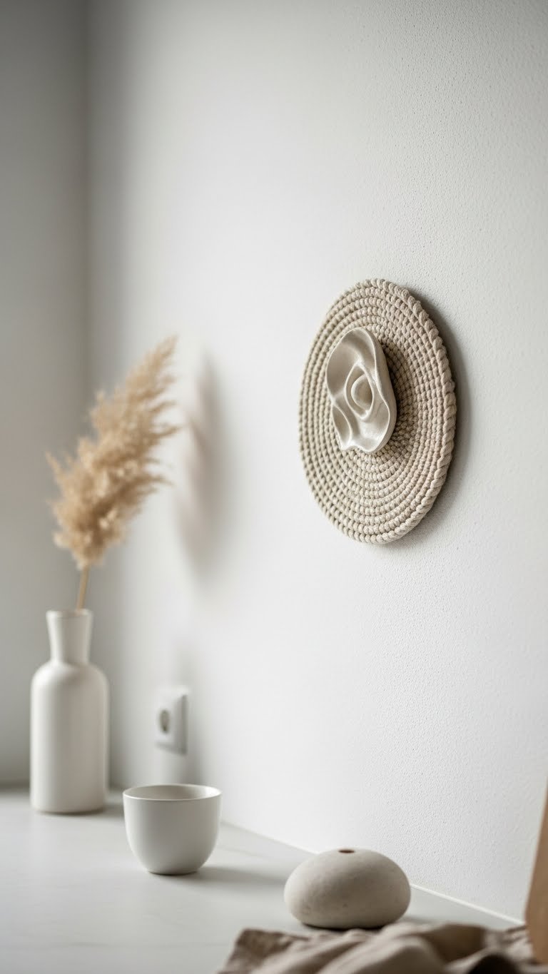 Circular woven wall hanging made from natural fibers or minimalist ceramic sculpture on textured white kitchen wall