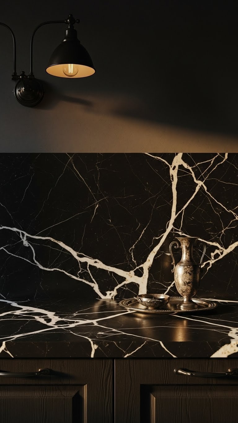 Old Money Kitchen Aesthetic Dark: 9 Luxury Design Ideas 3 Classic European dark kitchen showcasing dramatic veined dark marble countertops contrasted with rich dark wooden cabinetry.