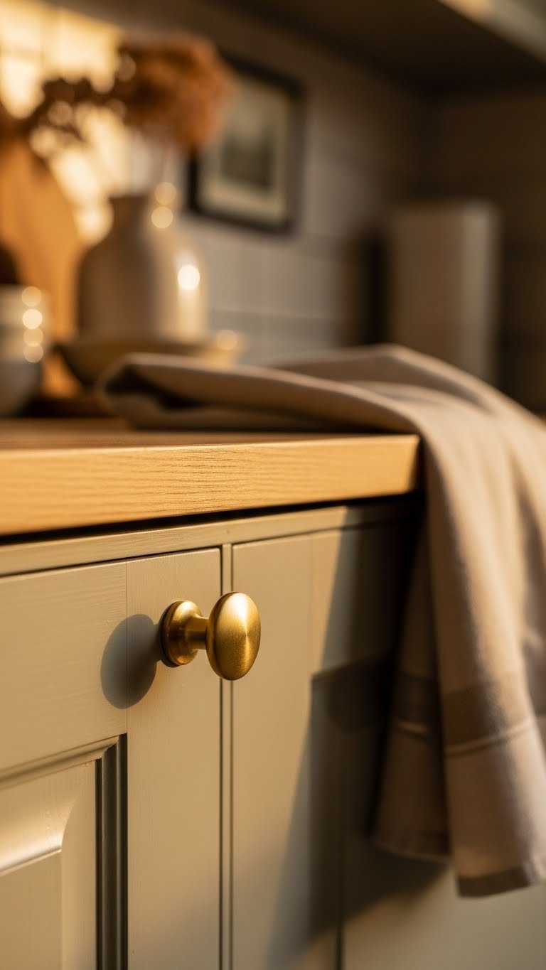 Classic aged brass knob with soft brushed finish on muted green cabinet in traditional Scandi kitchen