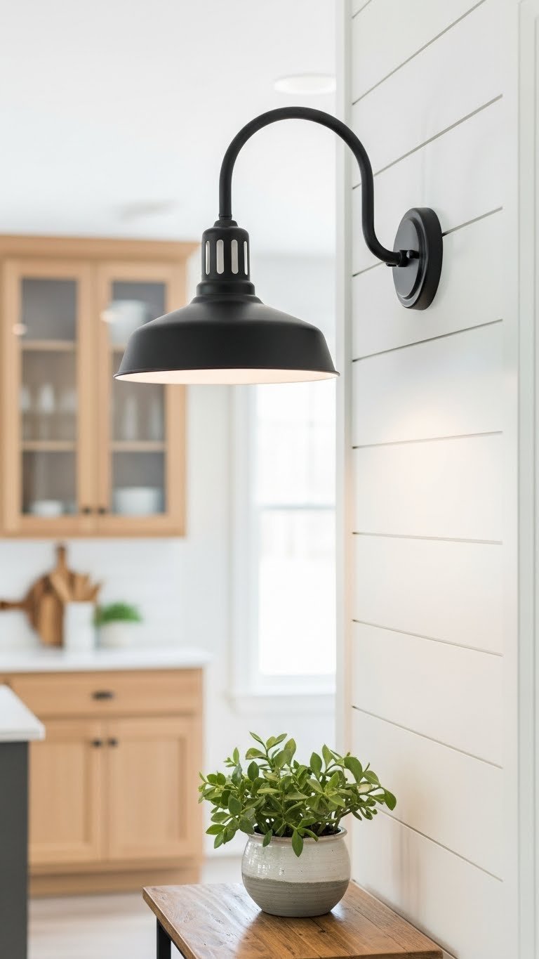 Classic black barn-style wall sconce mounted on shiplap wall casting light onto rustic accent table
