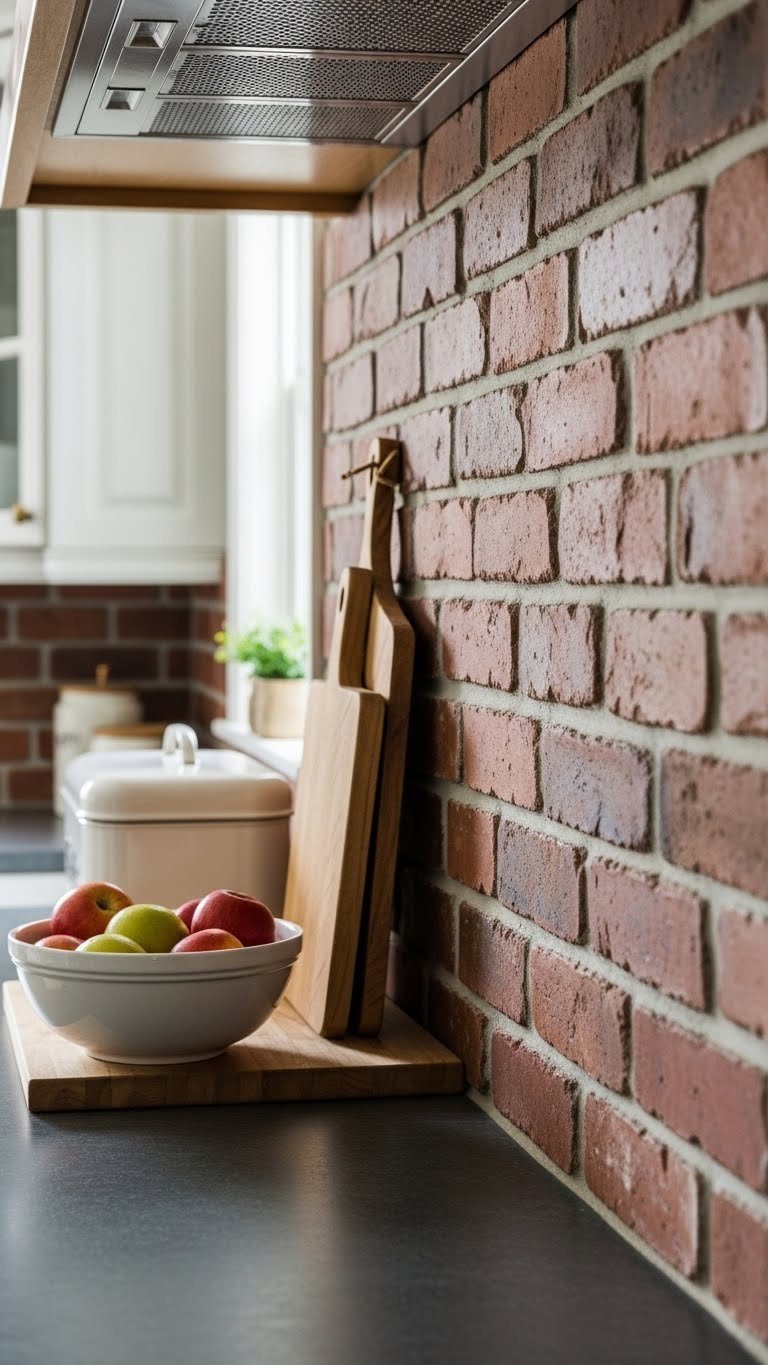 Classic brick kitchen backsplash with rich texture and visible mortar lines creating warm rustic cottage atmosphere