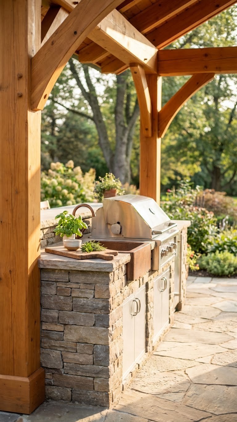 Outdoor Kitchen Gazebo Design Ideas That Are Complete And Proven 3 Classic cedar post and beam outdoor kitchen gazebo with stone island, copper sink, and warm golden hour lighting