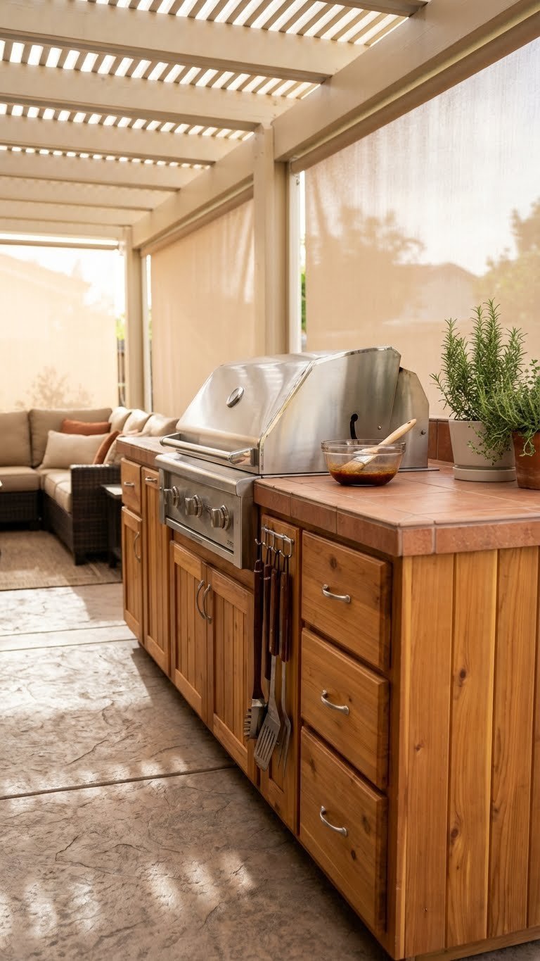 Classic cedar wood outdoor grill station with tile countertop under covered patio featuring BBQ tools and herbs
