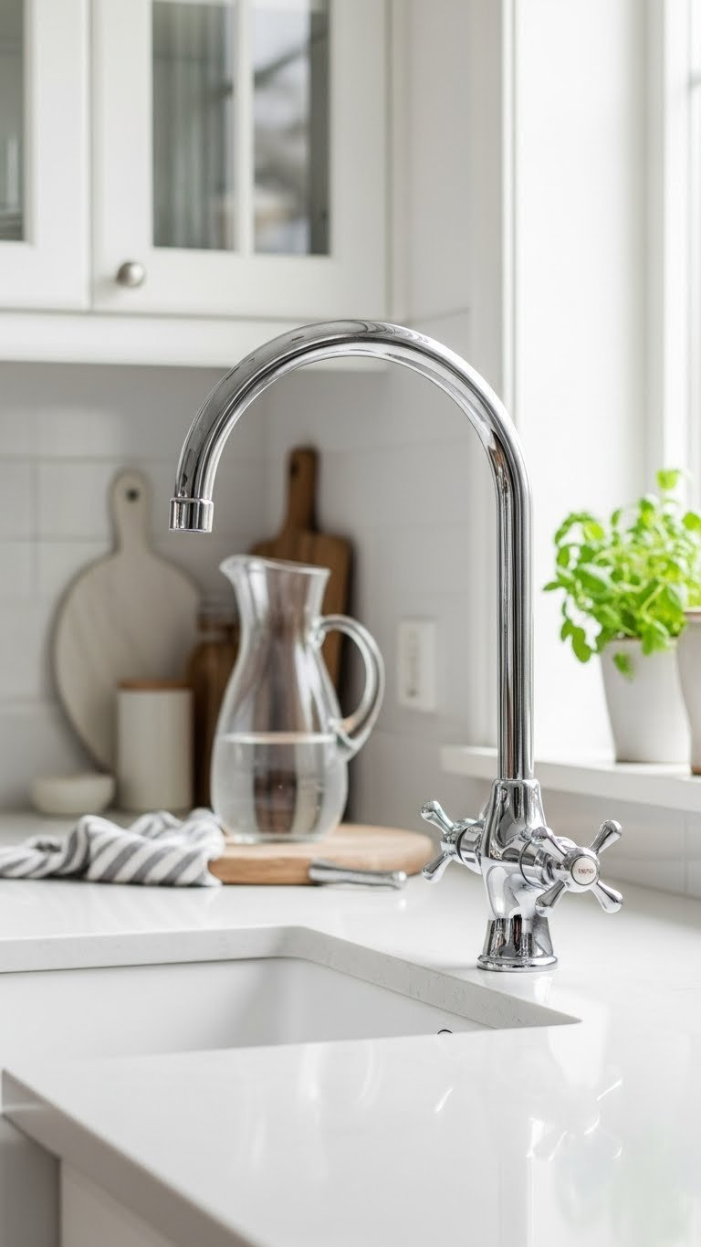 Classic chrome mixer tap with elegant curves on light quartz countertop in bright airy Scandinavian kitchen with natural light.