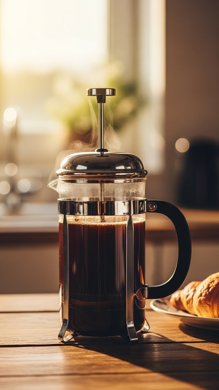 Classic glass French press filled with rich coffee on rustic wooden table with croissant