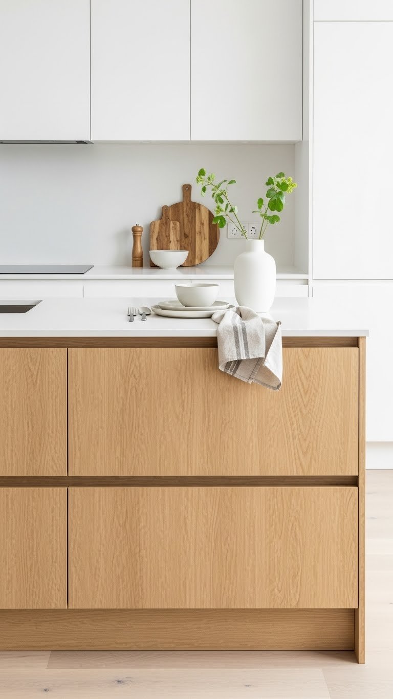 Classic minimalist Scandinavian kitchen peninsula with light wood base, white countertop, and green stem vase