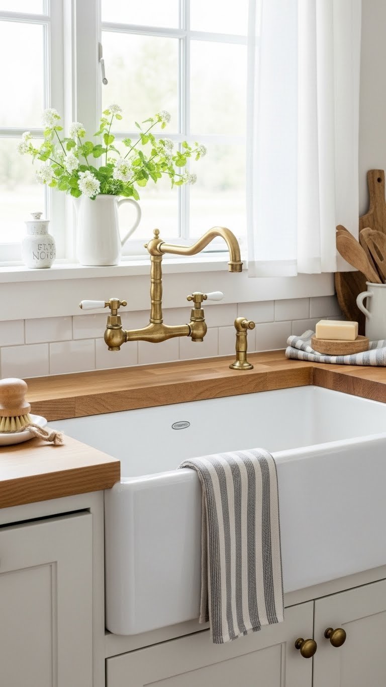 Classic white ceramic apron front sink with brass faucet on butcher block countertop in rustic farmhouse kitchen setting