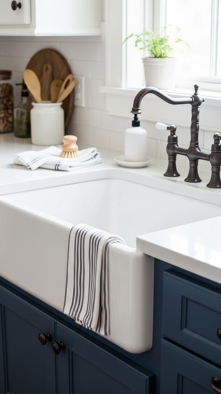 Classic white farmhouse sink integrated into navy blue cabinets with vintage bridge faucet and linen accessories