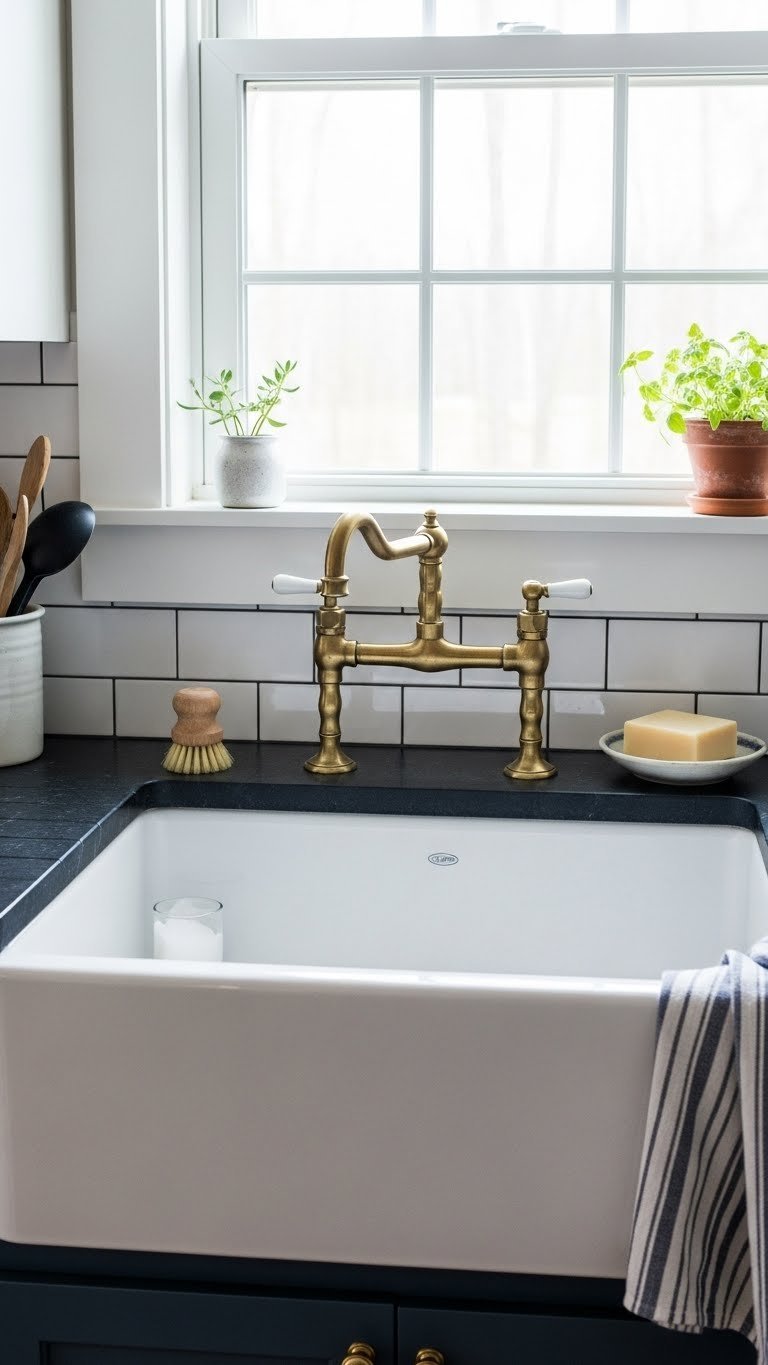 Classic white fireclay farmhouse sink with vintage brass bridge faucet on dark soapstone countertop