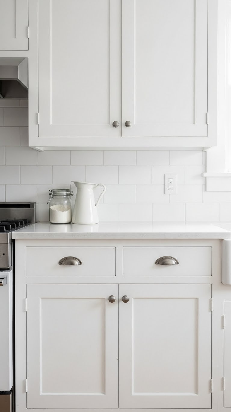 Classic white inset cabinetry with period-accurate hardware in bright, airy 1920s kitchen layout