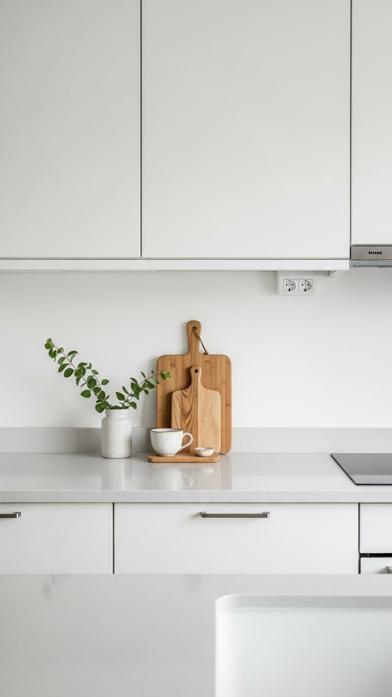 Clean light-colored countertop with minimalist kitchen tools in Scandinavian one-wall kitchen