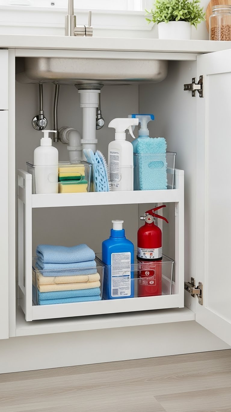 Clean under-sink cabinet organization with pull-out storage bins holding cleaning supplies