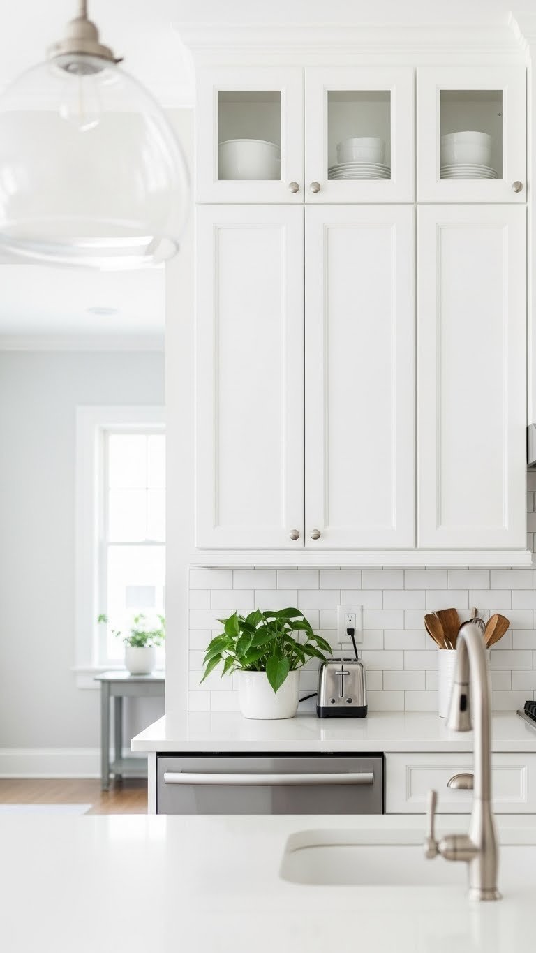 Clean white kitchen cabinets with subway tile backsplash and nickel hardware in bright natural light with minimalist decor.