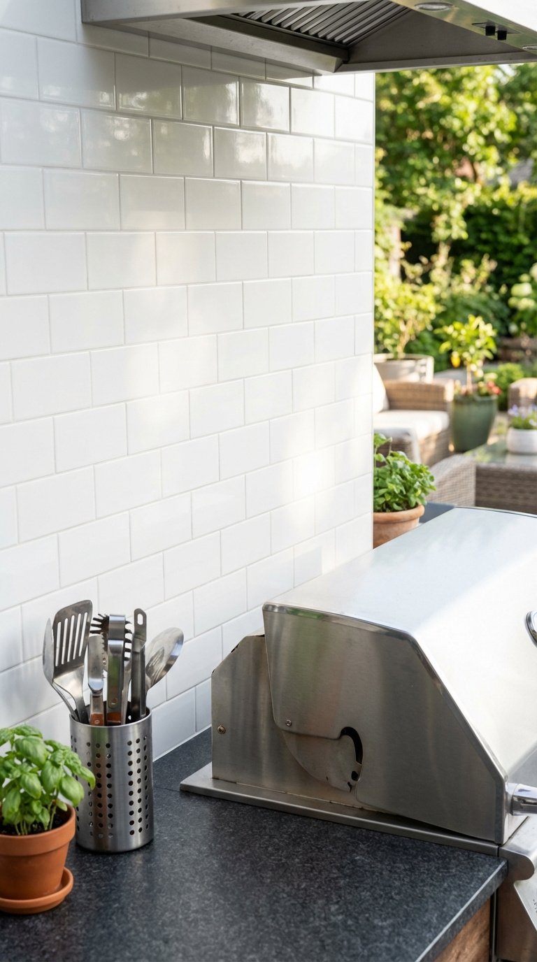 Outdoor Kitchen Tile Backsplash Ideas Materials And Installation Guide 1 Clean white porcelain subway tile backsplash with stainless steel grill on dark granite countertop in outdoor kitchen setting