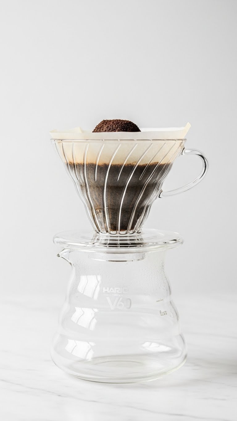 Clear glass Hario V60 dripper with spiral ribs holding bloomed coffee grounds on marble
