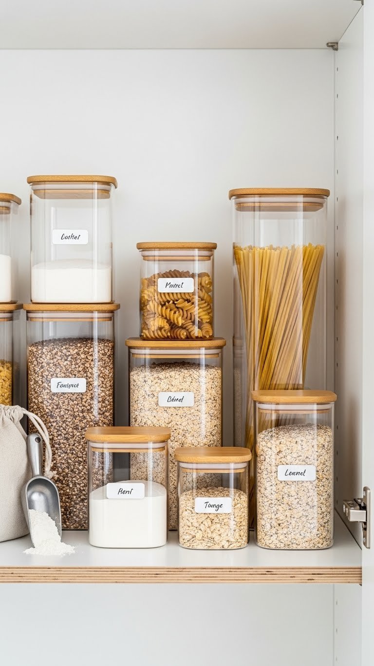 Clear glass food storage containers with bamboo lids neatly stacked on pantry shelf holding pasta and grains