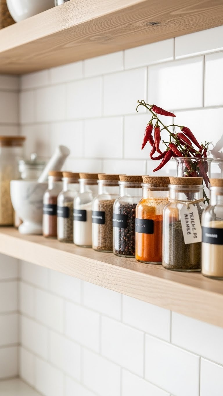 Clear glass spice jars with colorful spices neatly arranged on light-colored reclaimed wooden shelf with bright daylight