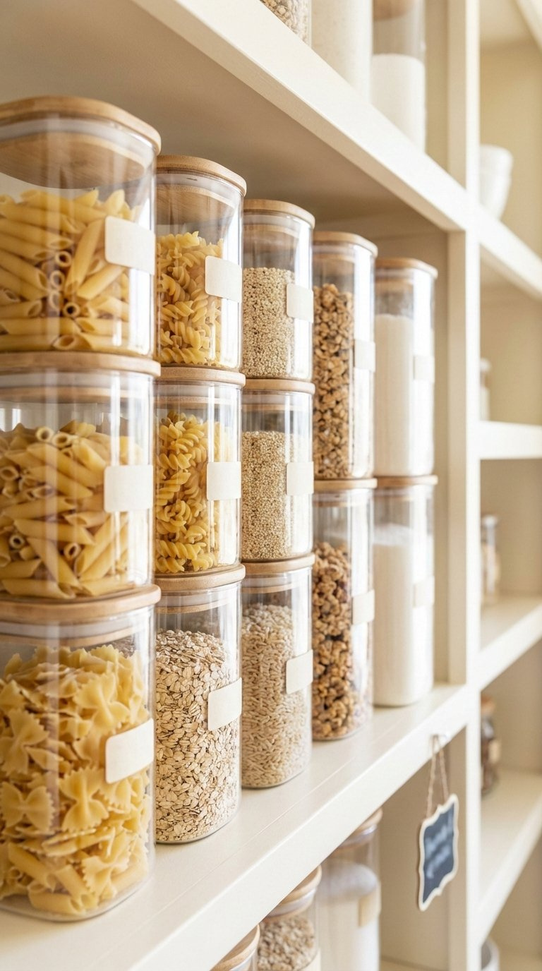 Clear stackable containers with decanted pasta and grains creating clutter-free pantry organization system