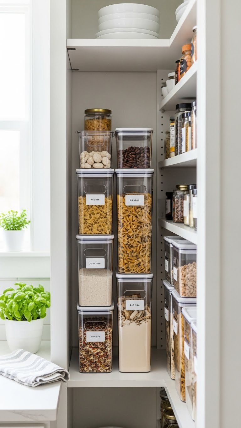 Proven Narrow Pantry Ideas: Essential Solutions For Small Kitchens 7 Clear vertical pantry bins on a narrow shelf, neatly organizing pasta, snacks, and dry goods, maximizing kitchen storage.