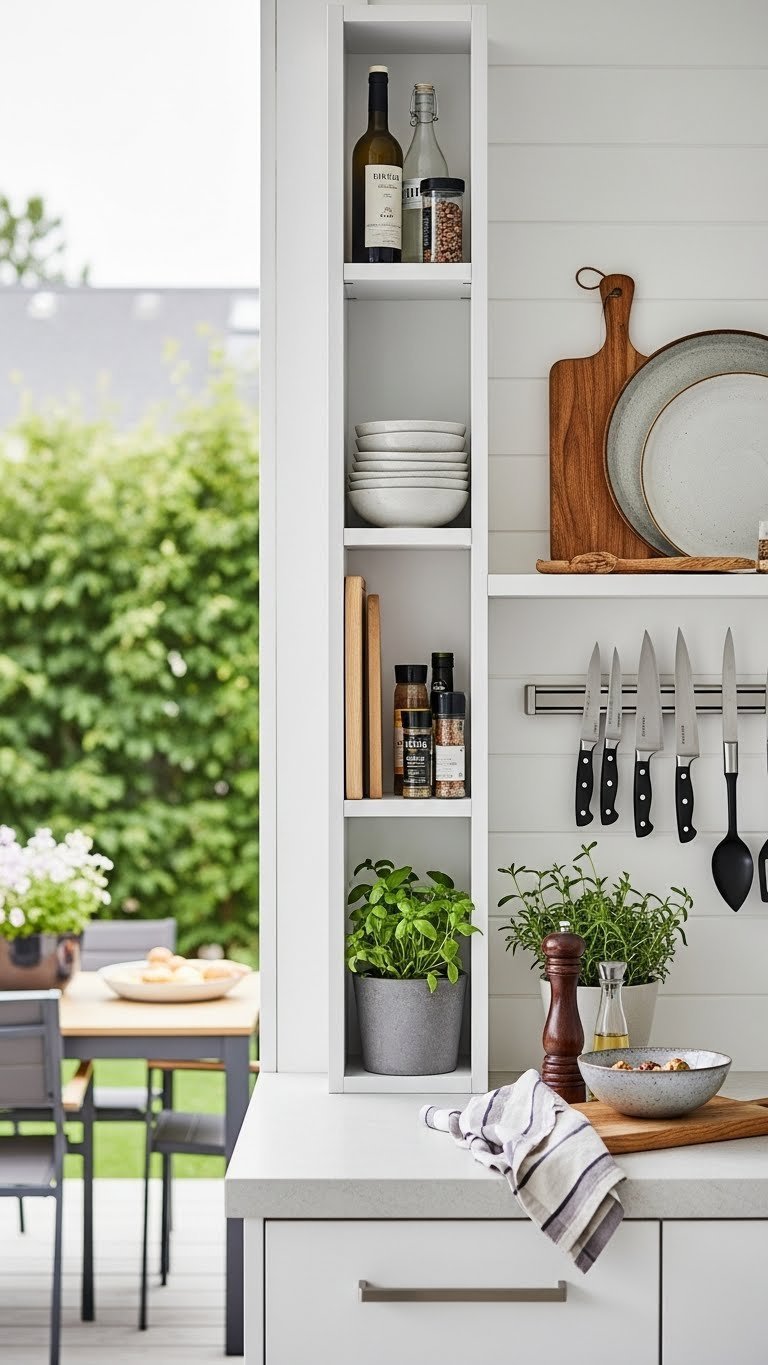 Clever outdoor kitchen vertical storage with wall-mounted magnetic strips holding grilling tools and organized essentials.