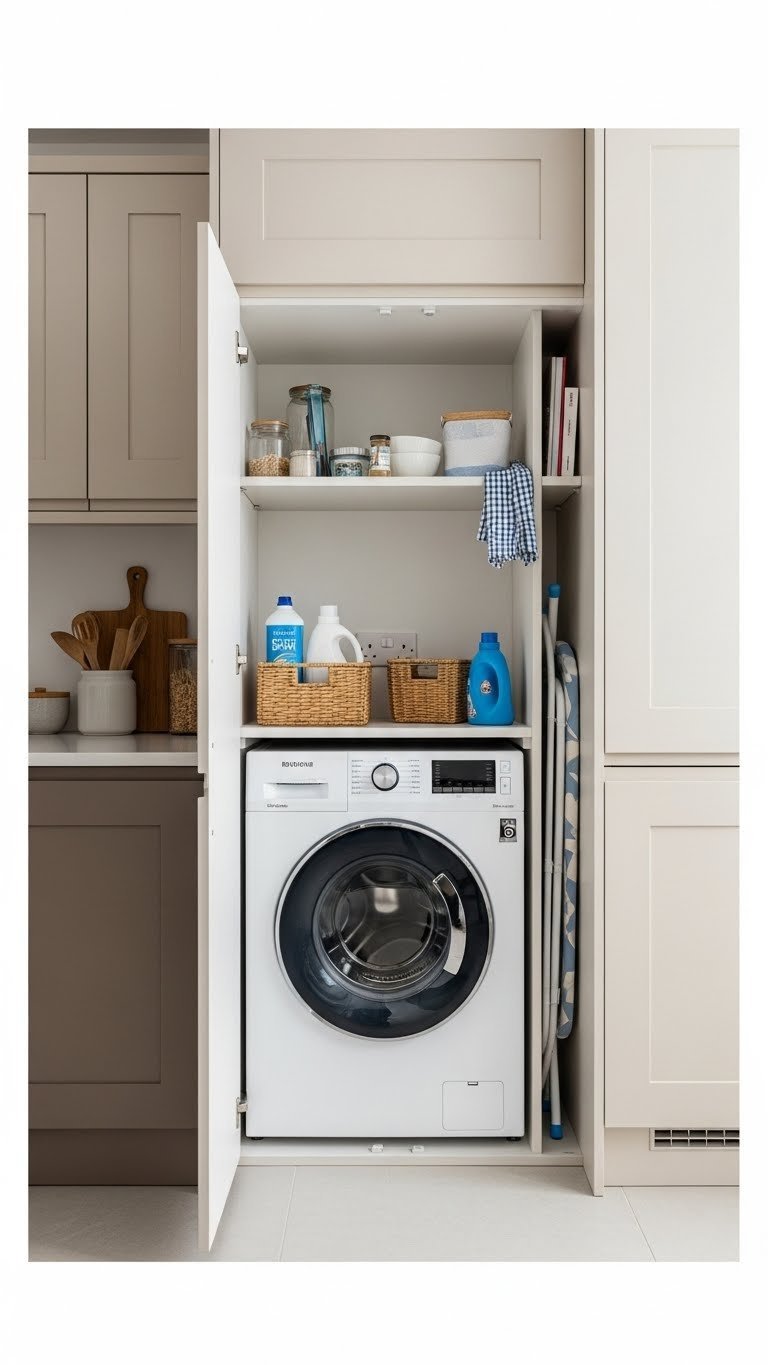 Cleverly designed small kitchen utility nook with bifold doors revealing compact washing machine and laundry supplies.