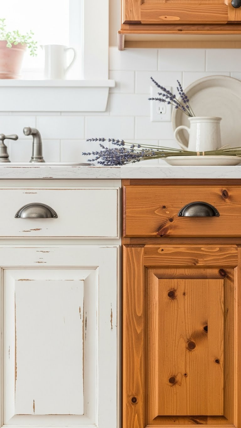 Close-up comparison of rustic farmhouse kitchen cabinets showing distressed antique white painted finish next to natural stained knotty pine wood grain with vintage hardware.