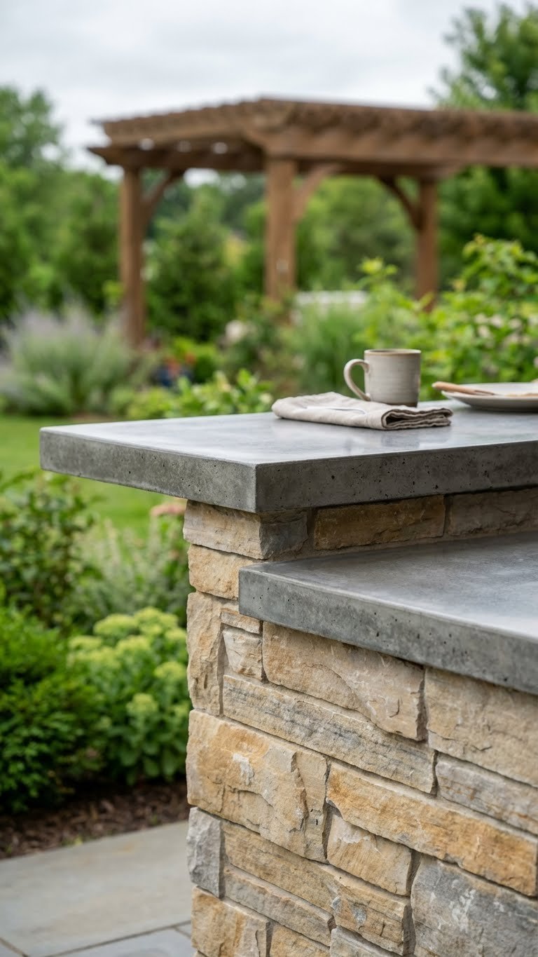 Outdoor Kitchen With Bar Complete Planning Design Guide 7 Close-up corner view showing seamless join between polished concrete countertop and stacked stone facade on outdoor bar