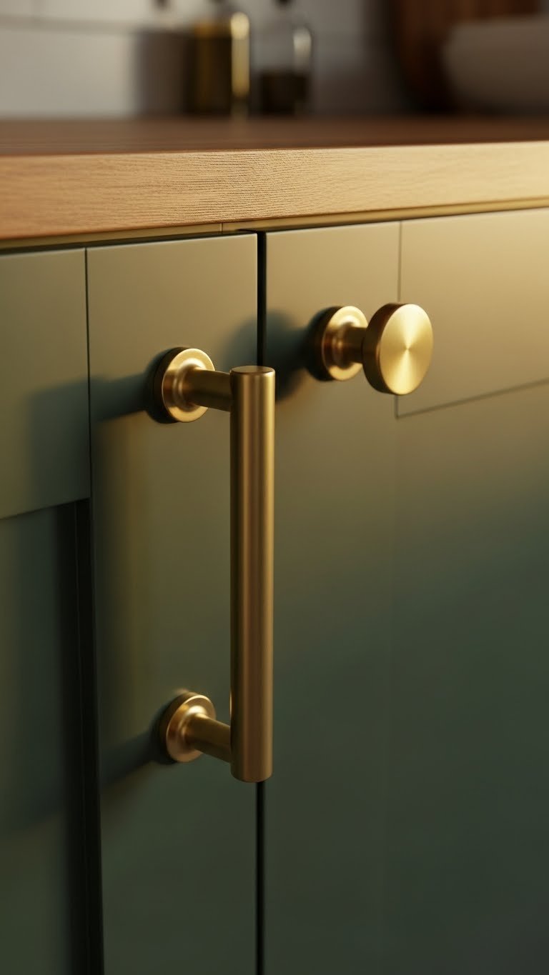 Close-up: dark green shaker cabinet, sleek brushed brass pull & knob. Modern kitchen hardware detail.