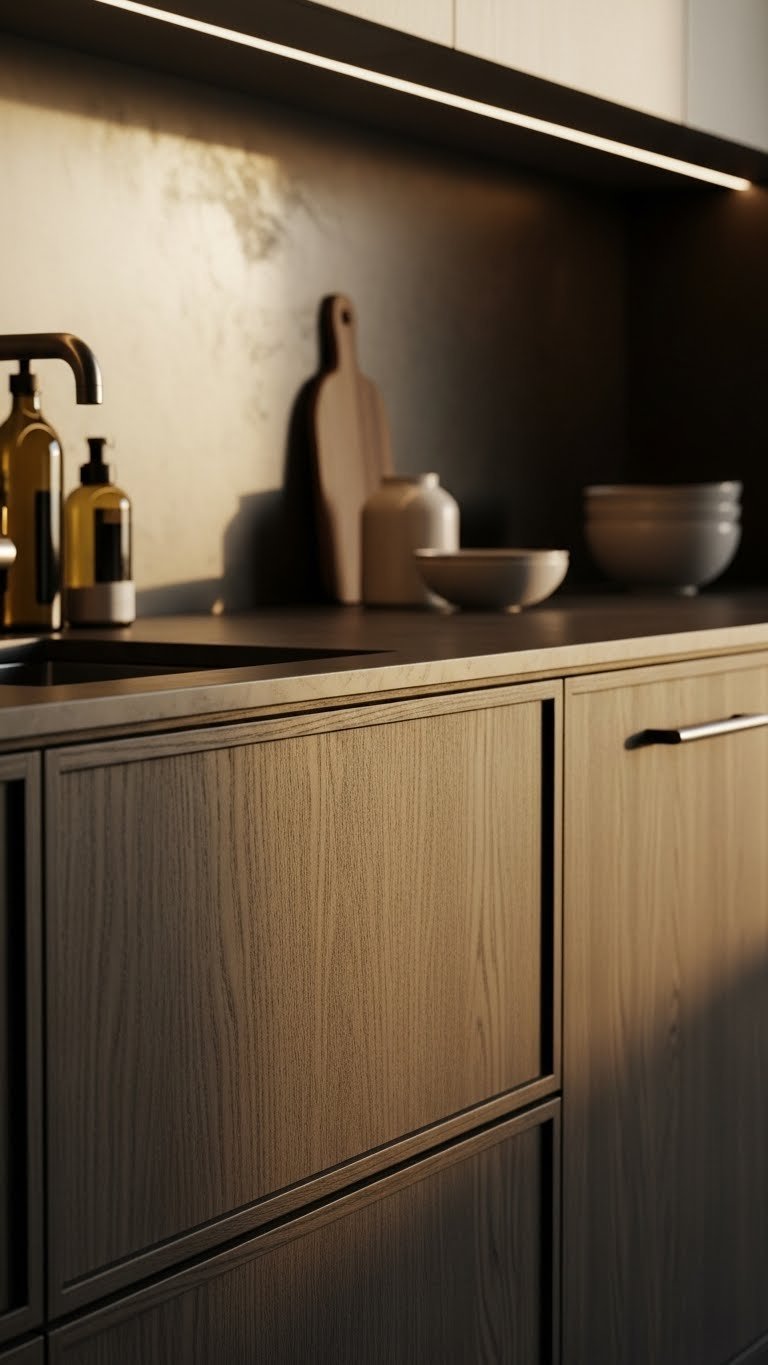 Close-up dark walnut espresso kitchen cabinets, deep wood grain, slab fronts, subtle metal reflections, bathed in warm golden hour light.