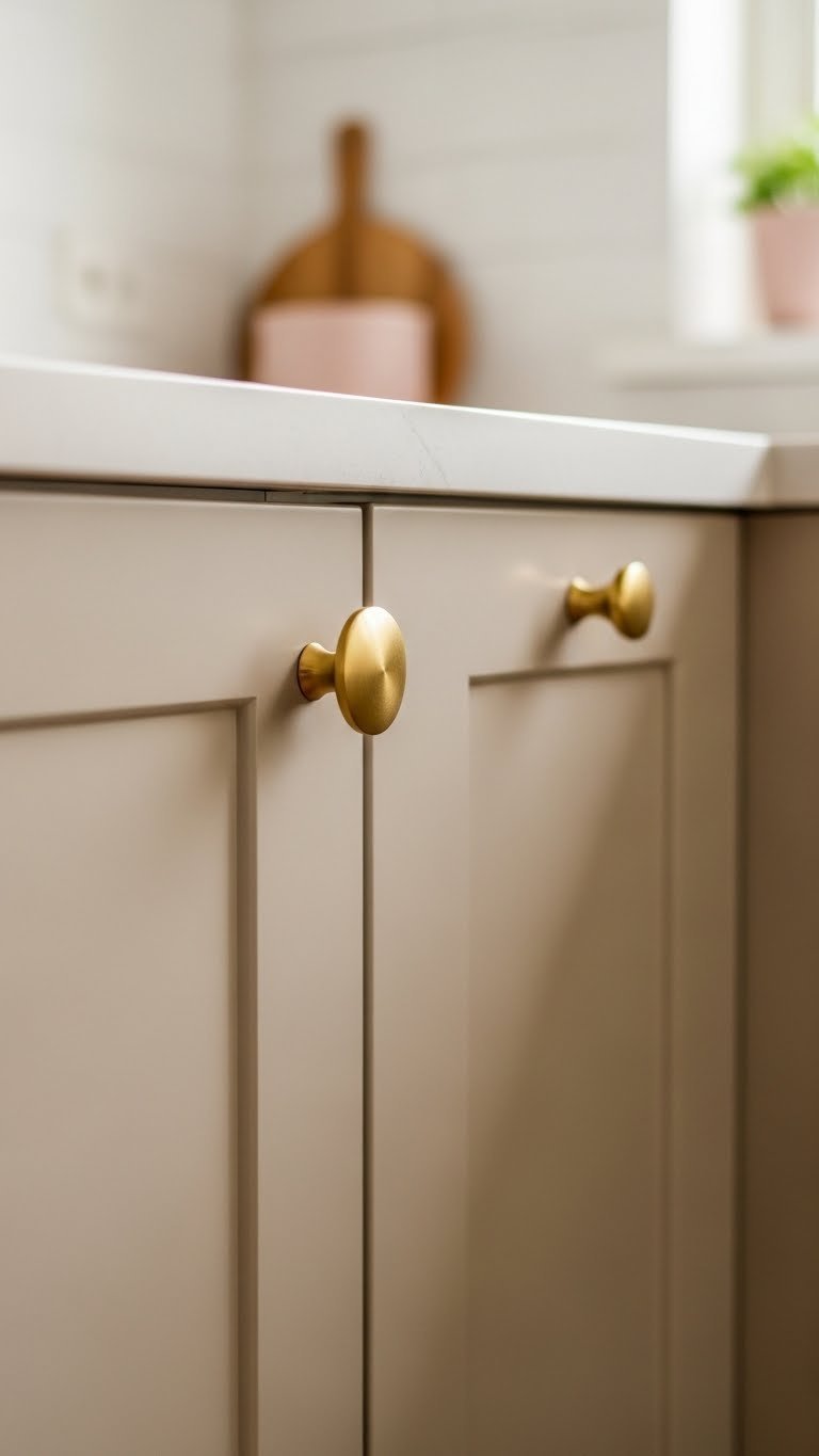 Close-up detail of elegant brass cabinet knob against matte beige scandi kitchen cabinet
