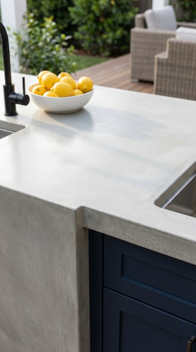 Outdoor Kitchen Modern Farmhouse 11 Stunning Design Ideas 5 Close-up detail of light gray concrete countertop with waterfall edge on navy blue outdoor kitchen cabinets