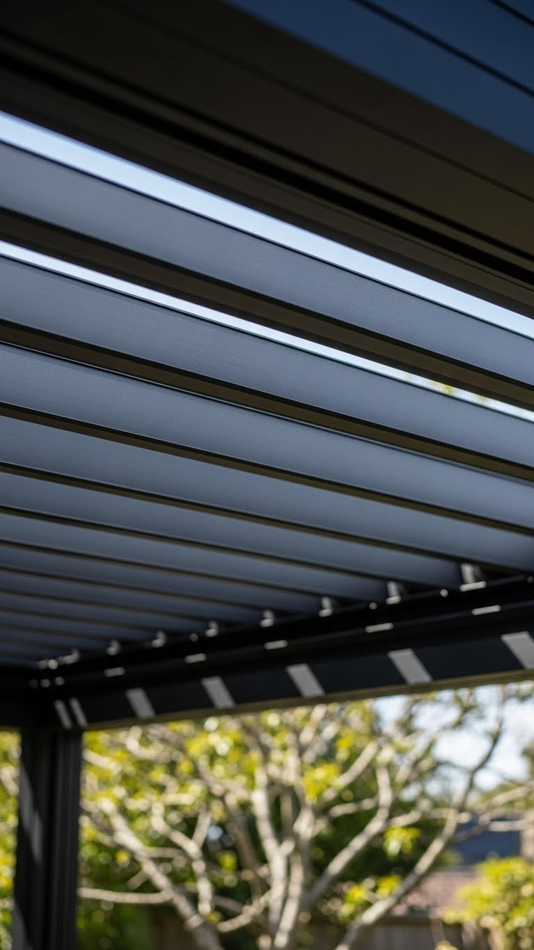 Close-up detail of matte black aluminum louvered pergola roof with dappled sunlight filtering through