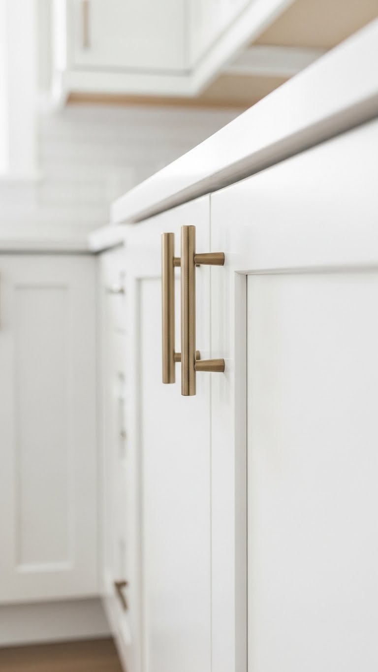 Close-up detail of minimalist brass hardware on white shaker cabinet door with soft natural lighting